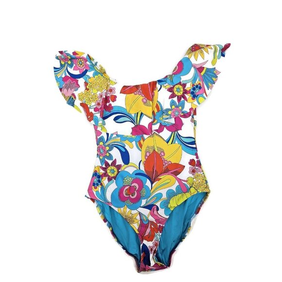 New Trina Turk Fontaine Off Shoulder Swimsuit Womens 8 Ruffle One Piece Floral - Picture 3 of 7